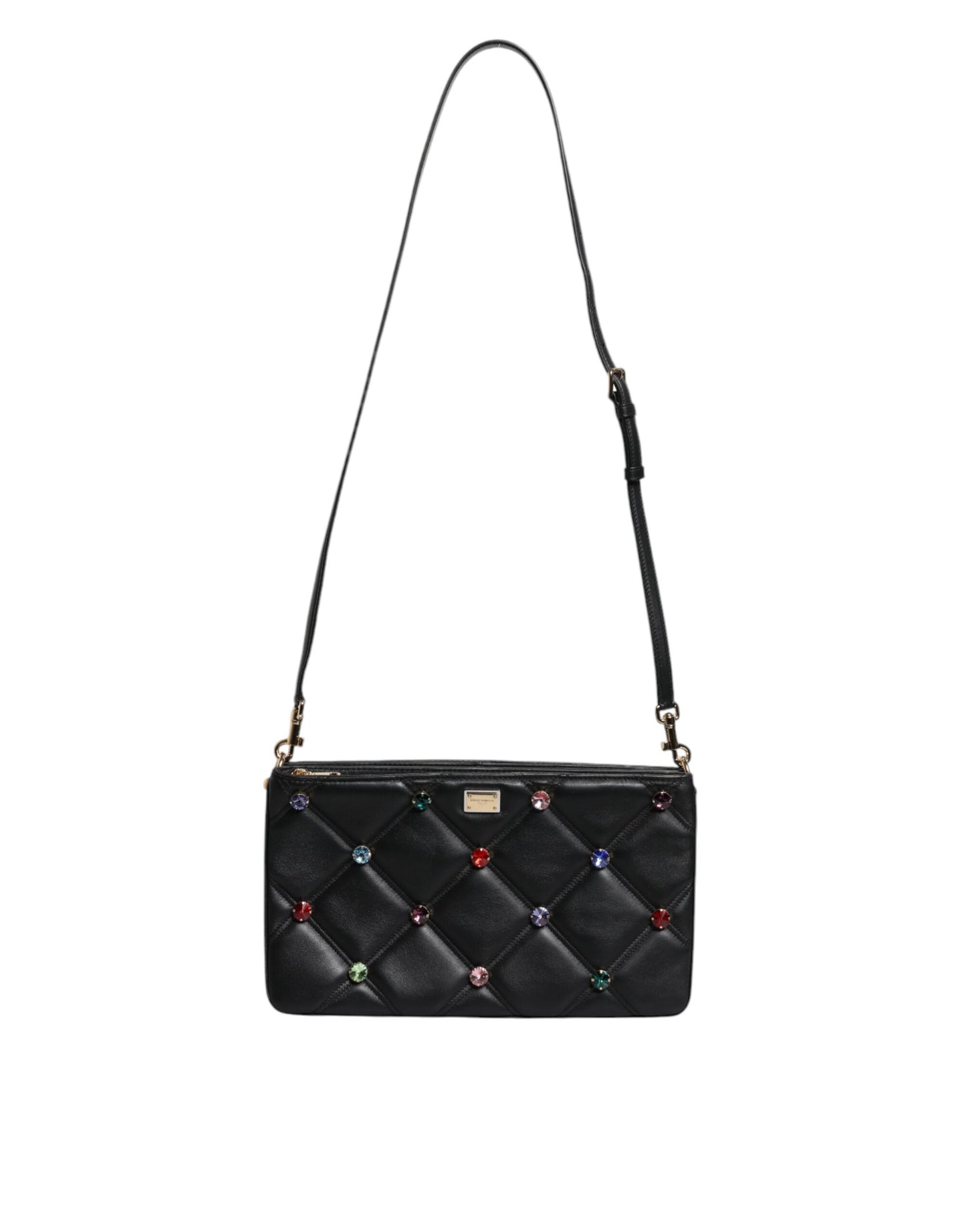 Bolso de hombro de cuero negro con logotipo adornado con cristales