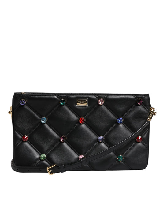 Bolso de hombro de cuero negro con logotipo adornado con cristales