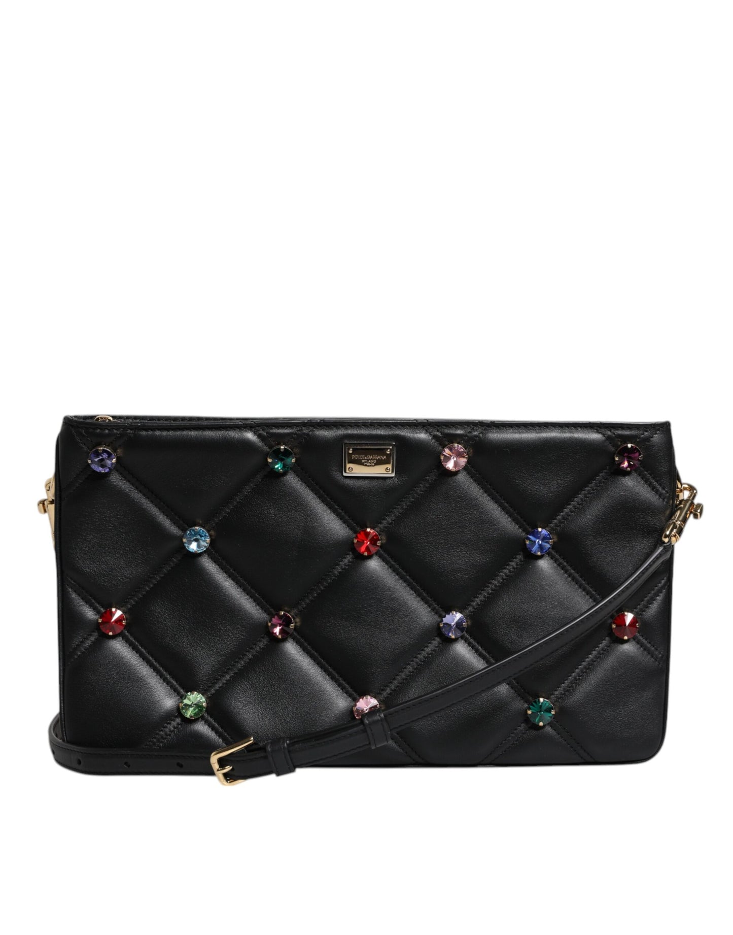 Bolso de hombro de cuero negro con logotipo adornado con cristales