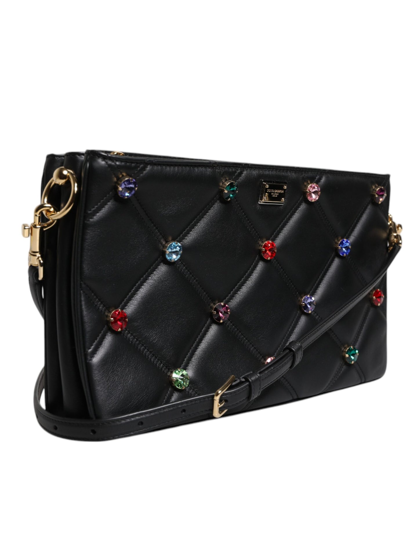 Bolso de hombro de cuero negro con logotipo adornado con cristales