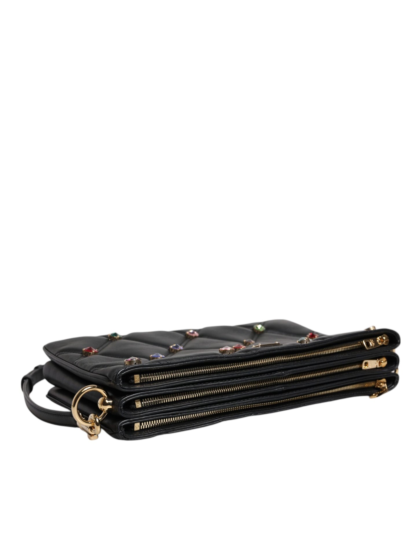 Bolso de hombro de cuero negro con logotipo adornado con cristales