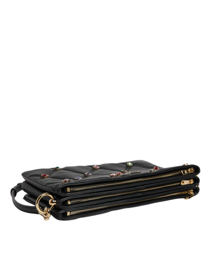 Bolso de hombro de cuero negro con logotipo adornado con cristales