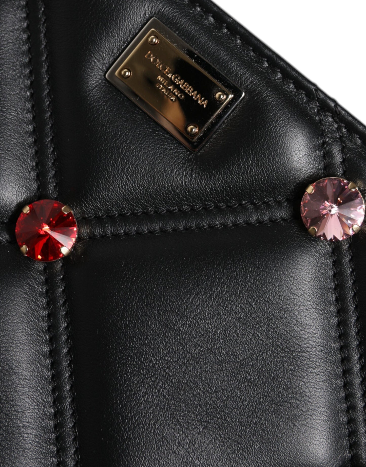 Bolso de hombro de cuero negro con logotipo adornado con cristales
