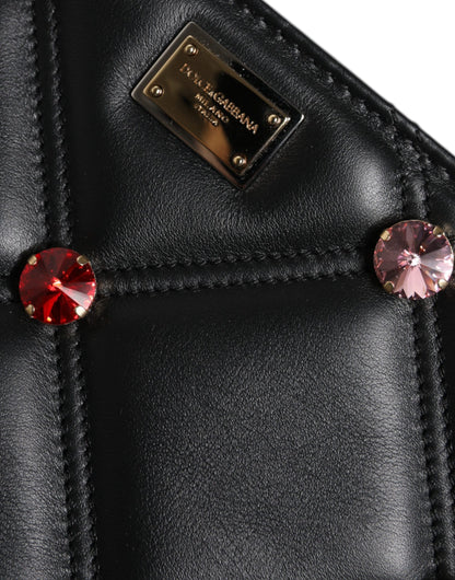 Bolso de hombro de cuero negro con logotipo adornado con cristales