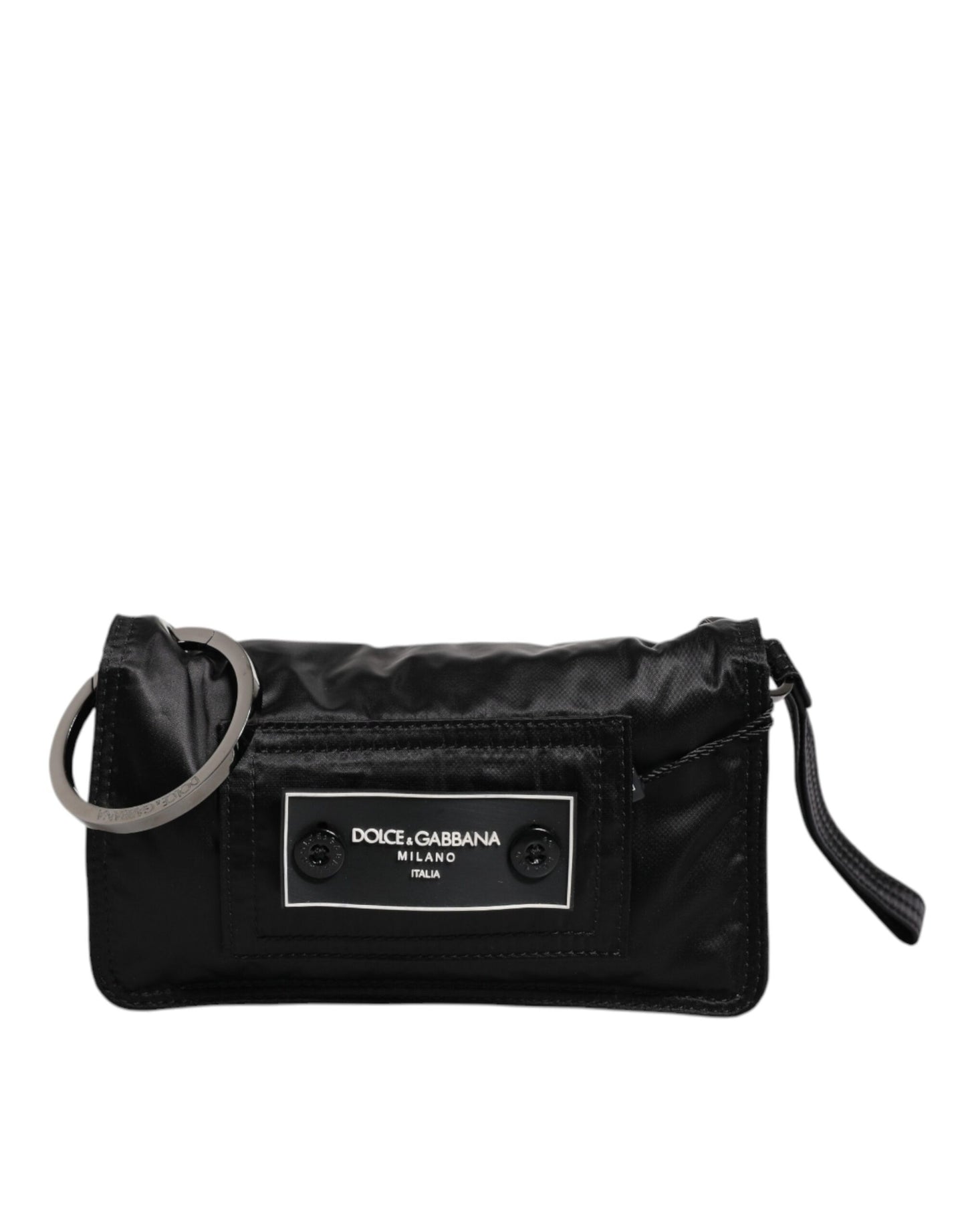 Bolso bandolera de tela negra con logo y dos compartimentos