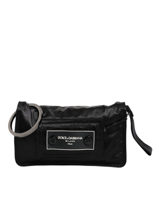 Bolso bandolera de tela negra con logo y dos compartimentos