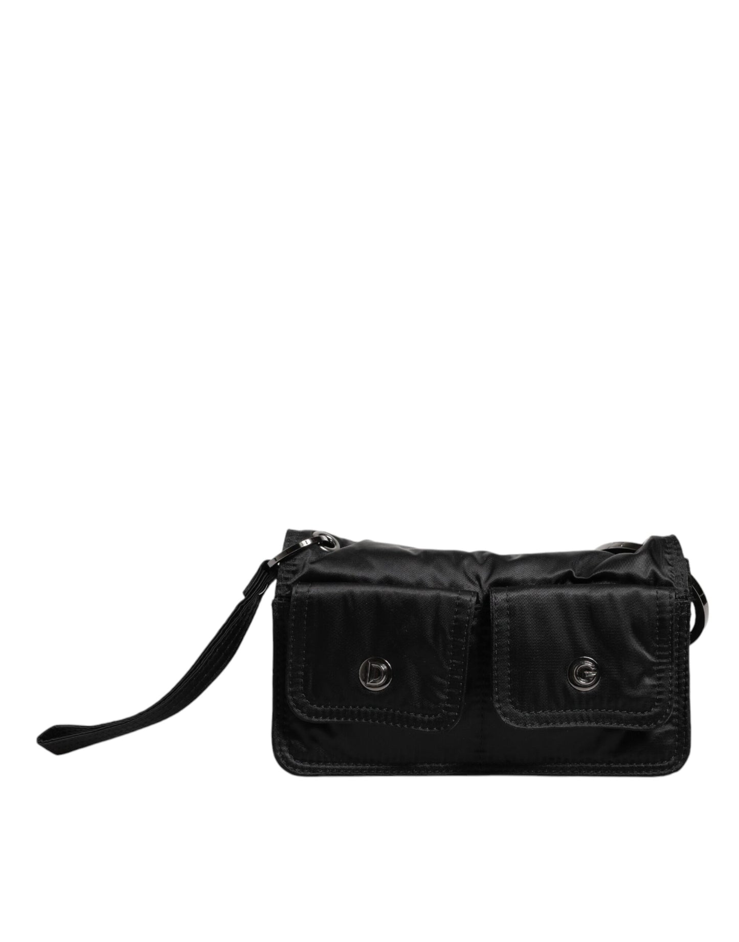 Bolso bandolera de tela negra con logo y dos compartimentos