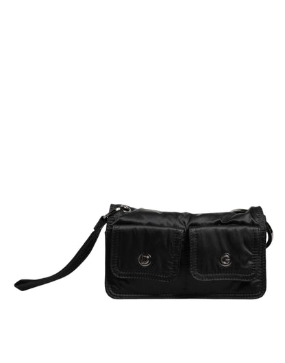 Bolso bandolera de tela negra con logo y dos compartimentos