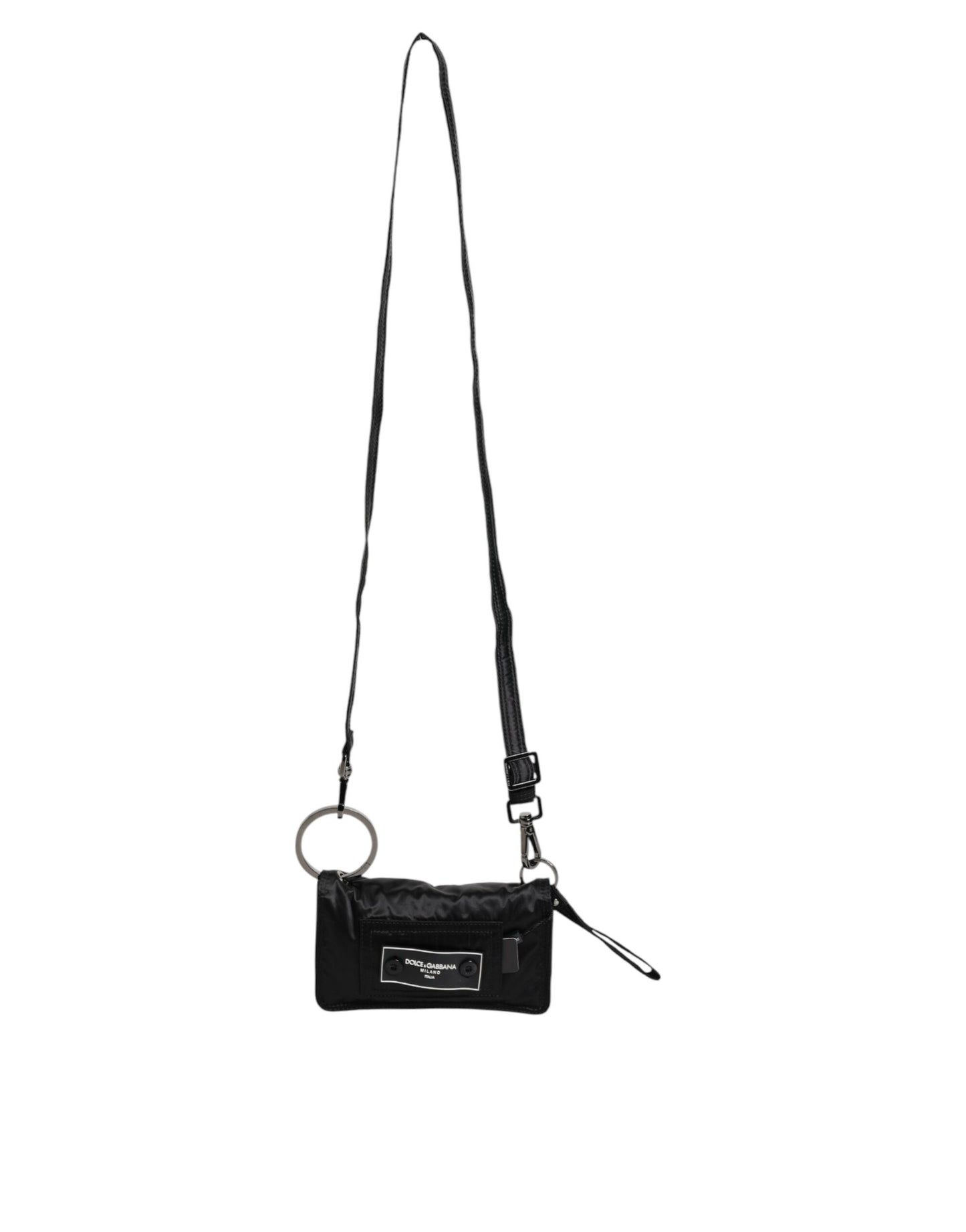 Bolso bandolera de tela negra con logo y dos compartimentos