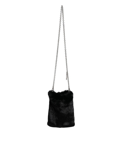 Bolso bandolera de piel sintética negra con cadena plateada
