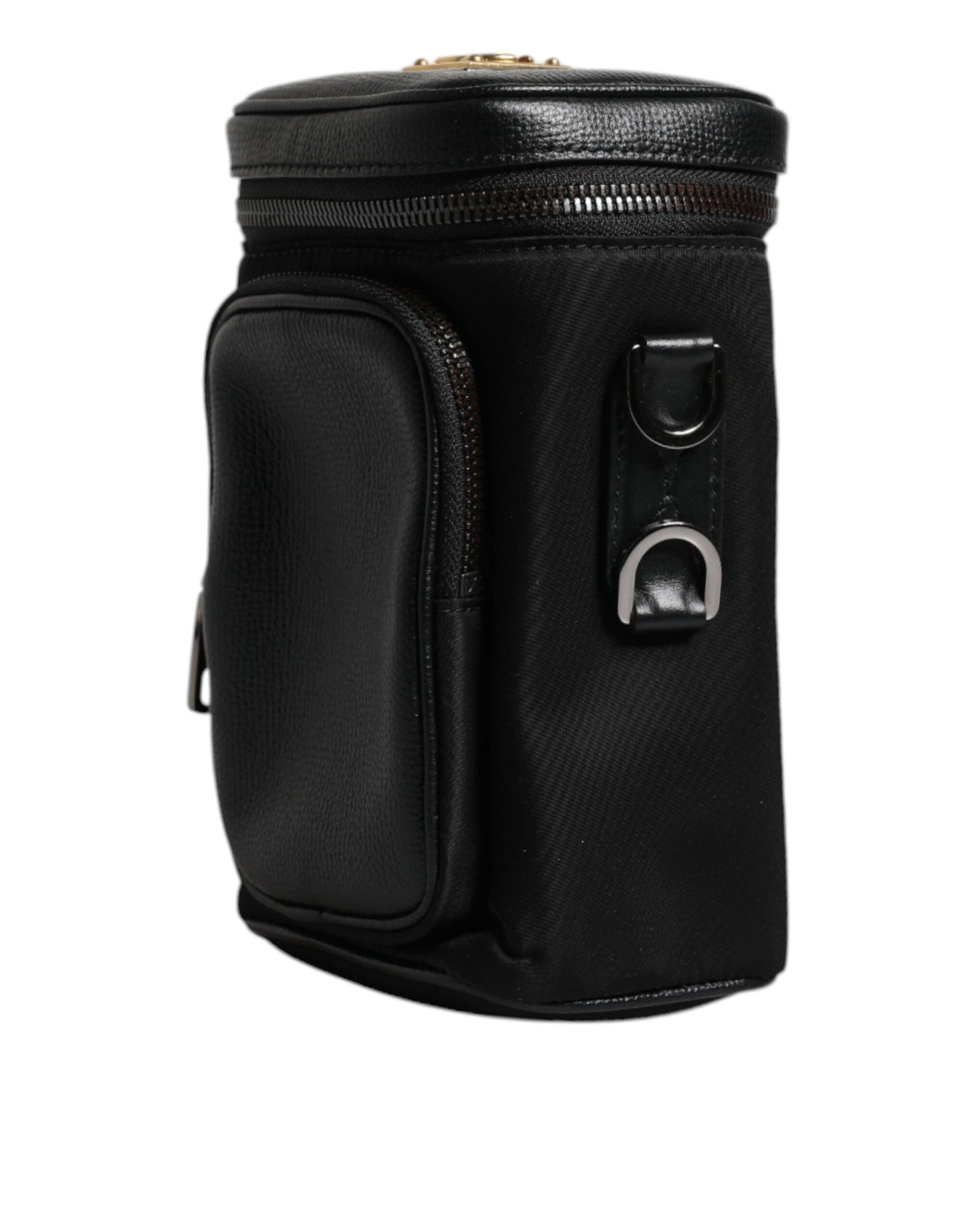 Bolso bandolera de cuero negro con logo para cámara