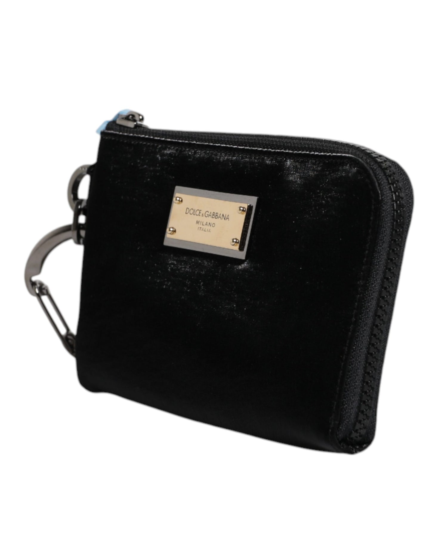 Bolso de mano con llavero y placa de logotipo de nailon negro