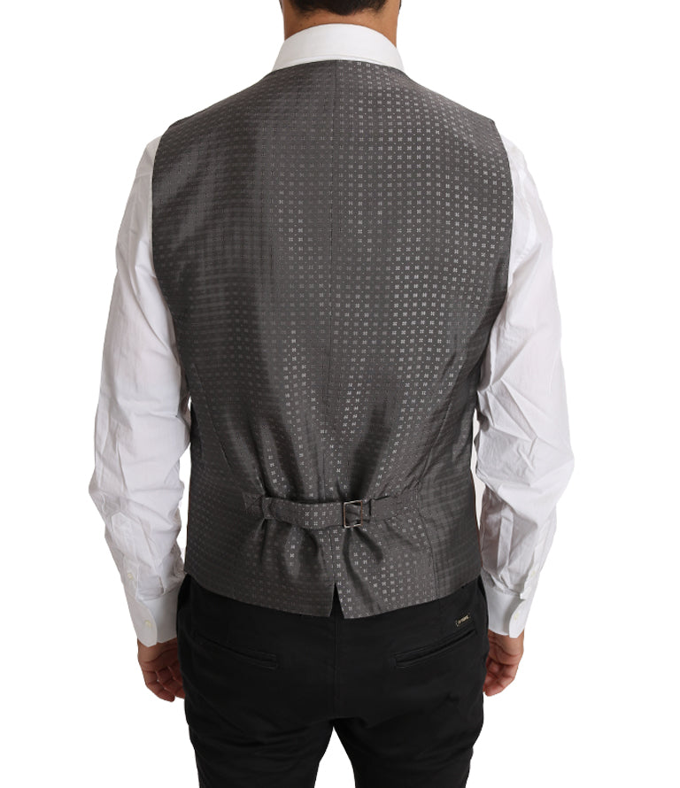 Chaleco formal elegante de color bronce y gris, corte entallado