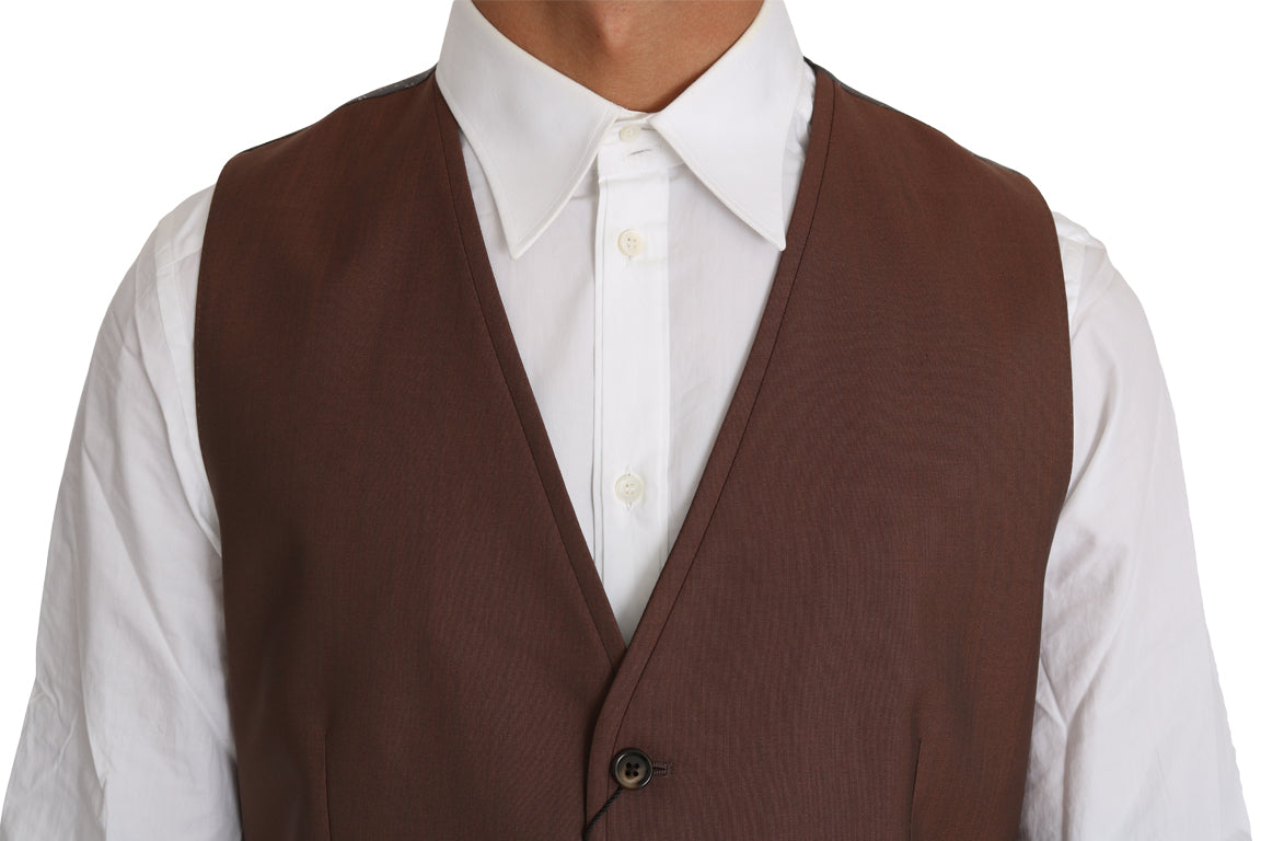Chaleco formal elegante de color bronce y gris, corte entallado