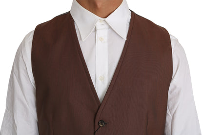 Chaleco formal elegante de color bronce y gris, corte entallado