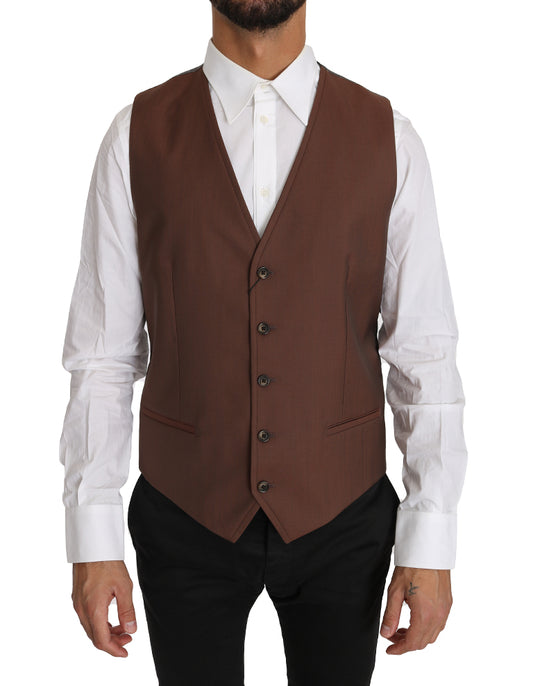Chaleco formal elegante de color bronce y gris, corte entallado