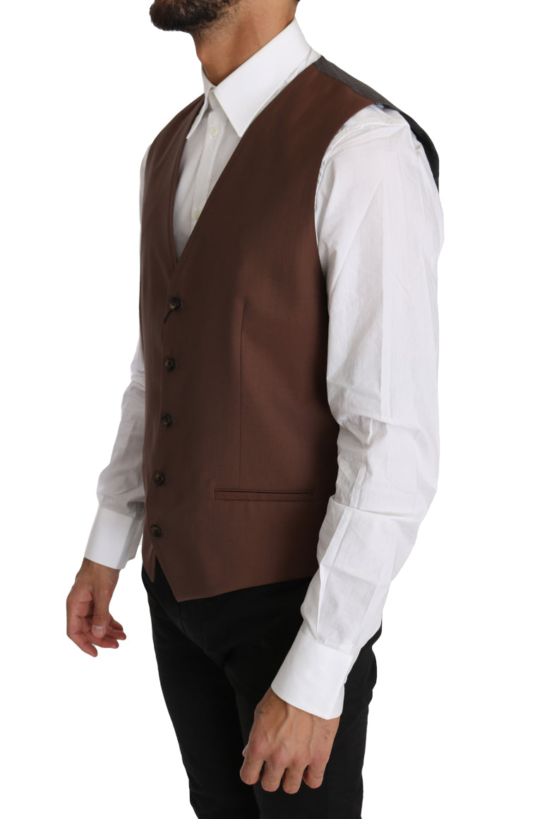 Chaleco formal elegante de color bronce y gris, corte entallado