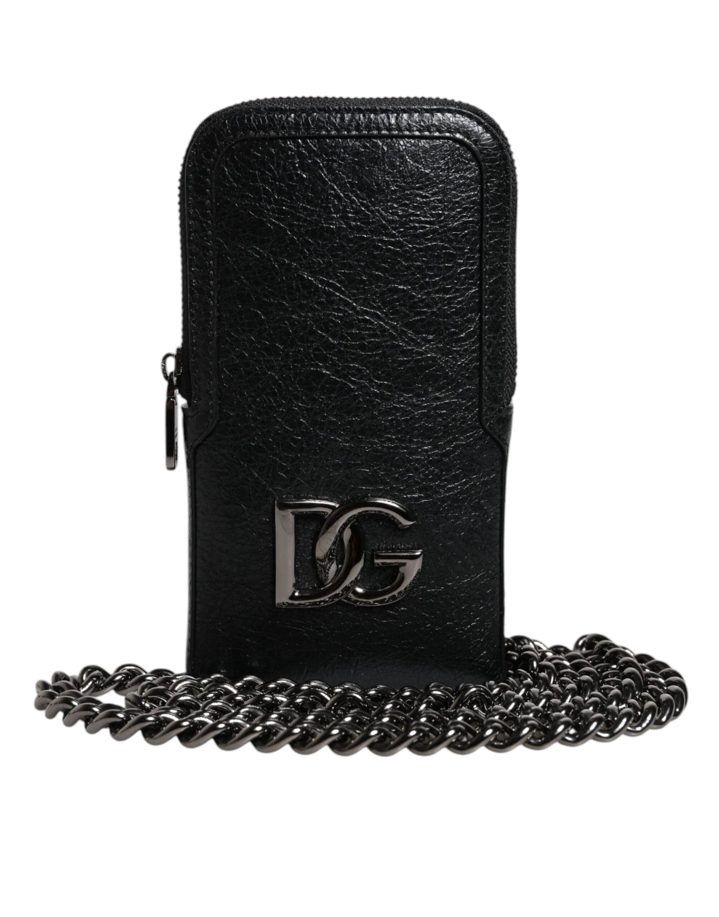 Bolso bandolera de cuero negro con cadena para teléfono