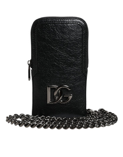 Bolso bandolera de cuero negro con cadena para teléfono