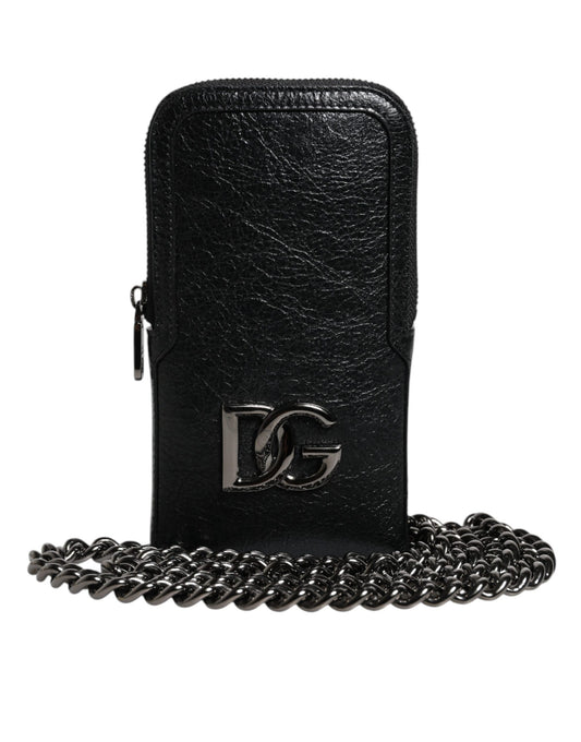 Bolso bandolera de cuero negro con cadena para teléfono