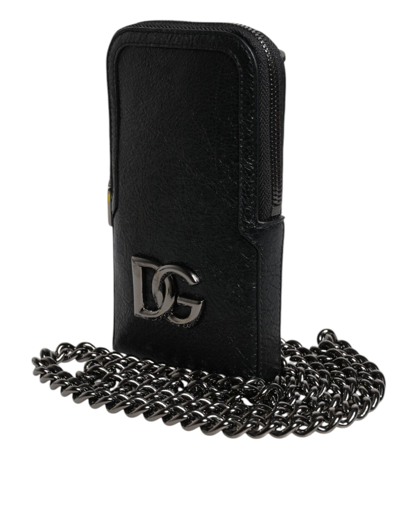 Bolso bandolera de cuero negro con cadena para teléfono