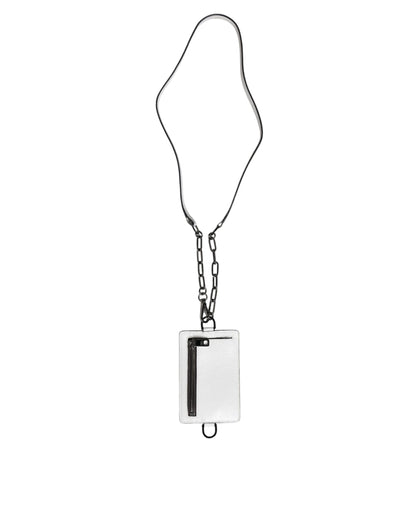 Cartera porta tarjetas con logotipo y cordón de piel de becerro blanca
