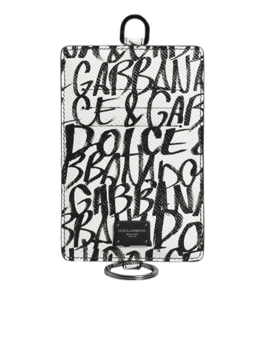 Cartera para tarjetas con cordón de cuero blanco y estampado de logotipo