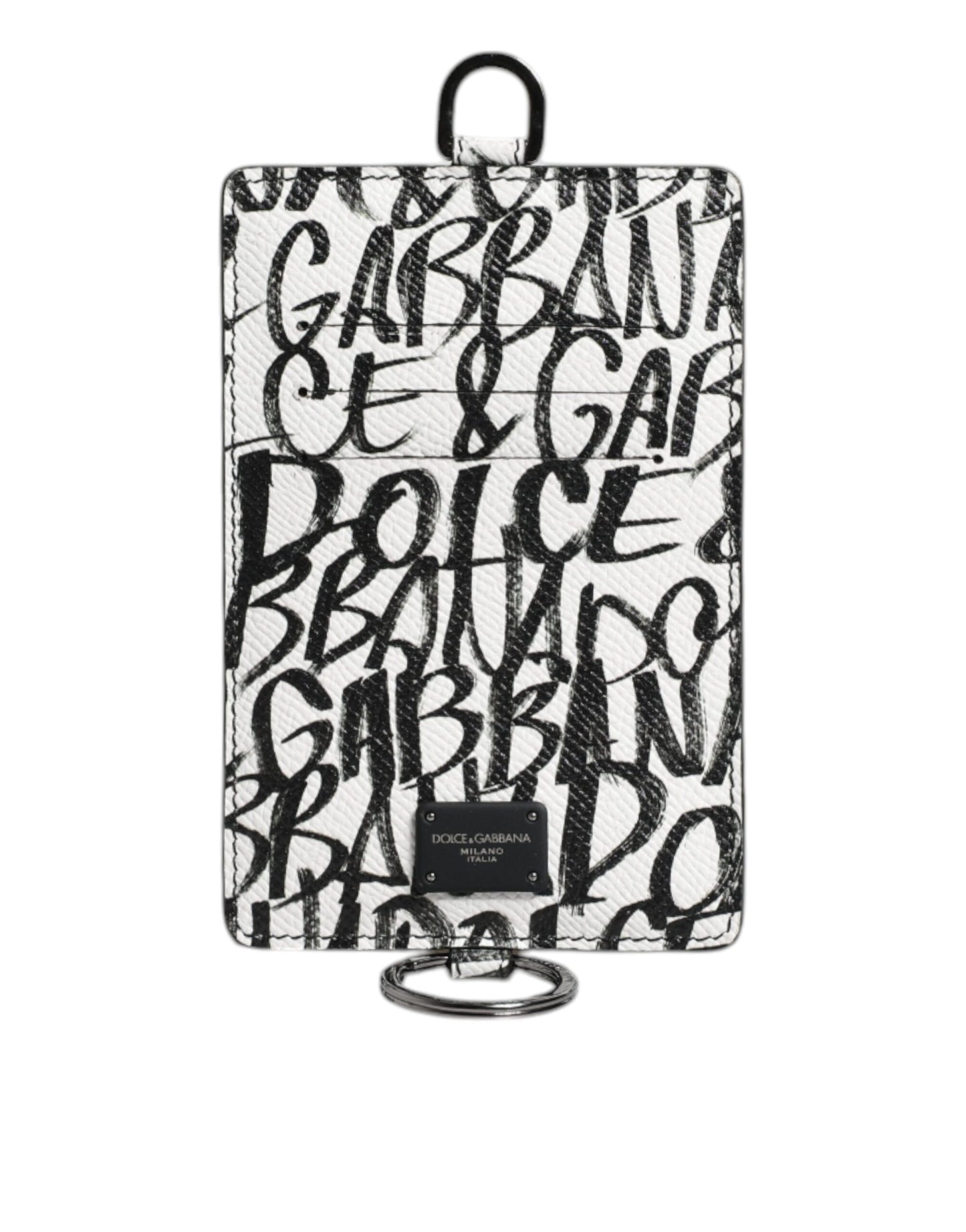 Cartera para tarjetas con cordón de cuero blanco y estampado de logotipo