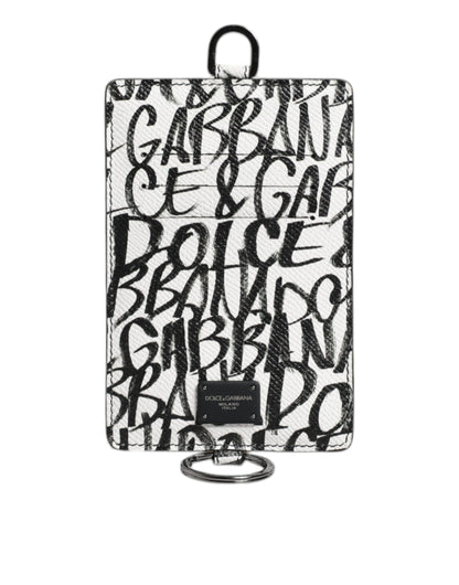 Cartera para tarjetas con cordón de cuero blanco y estampado de logotipo