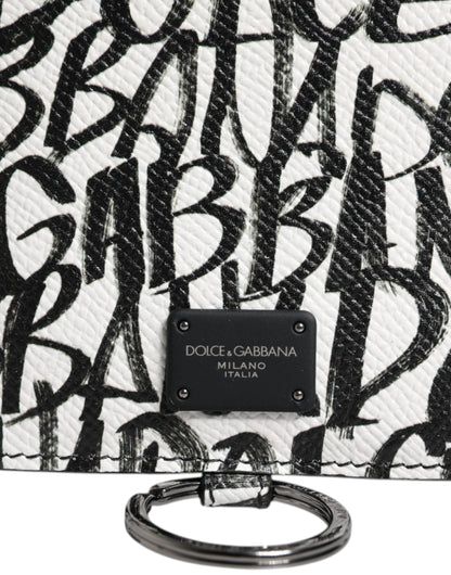 Cartera para tarjetas con cordón de cuero blanco y estampado de logotipo