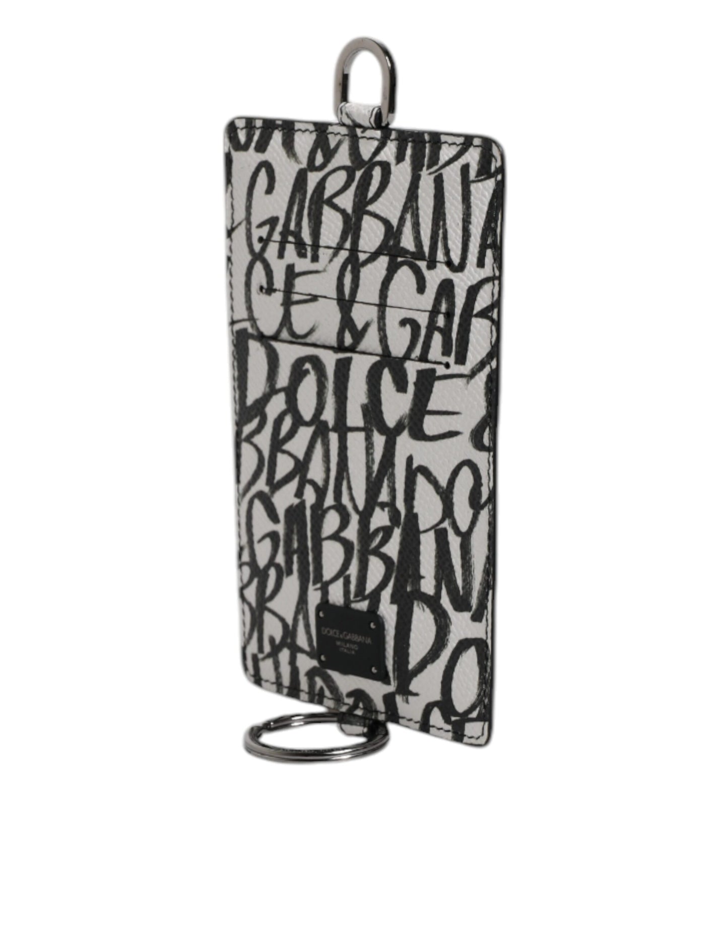 Cartera para tarjetas con cordón de cuero blanco y estampado de logotipo