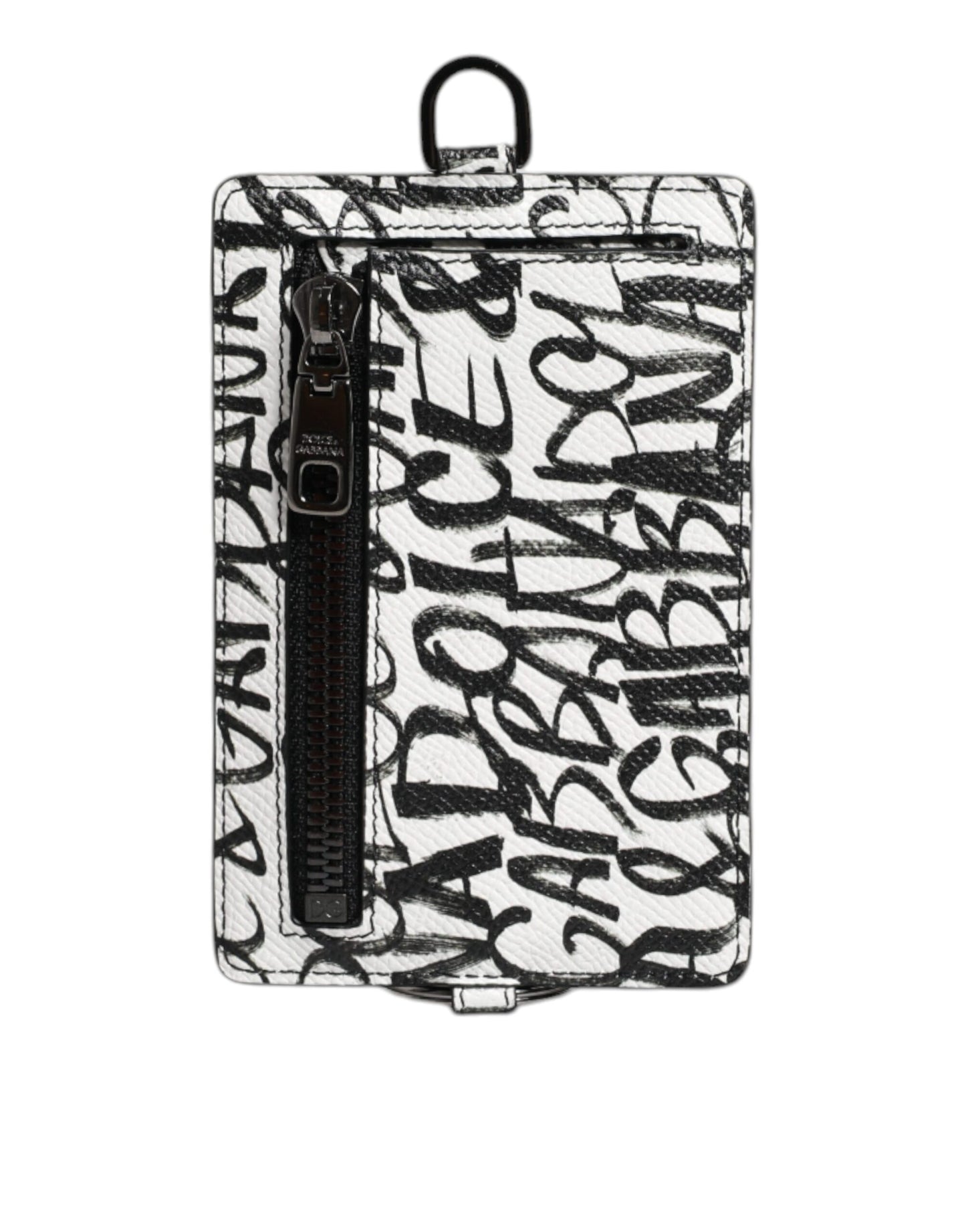 Cartera para tarjetas con cordón de cuero blanco y estampado de logotipo