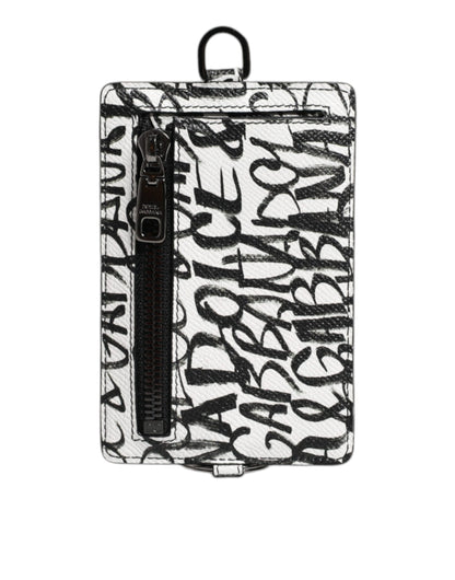 Cartera para tarjetas con cordón de cuero blanco y estampado de logotipo