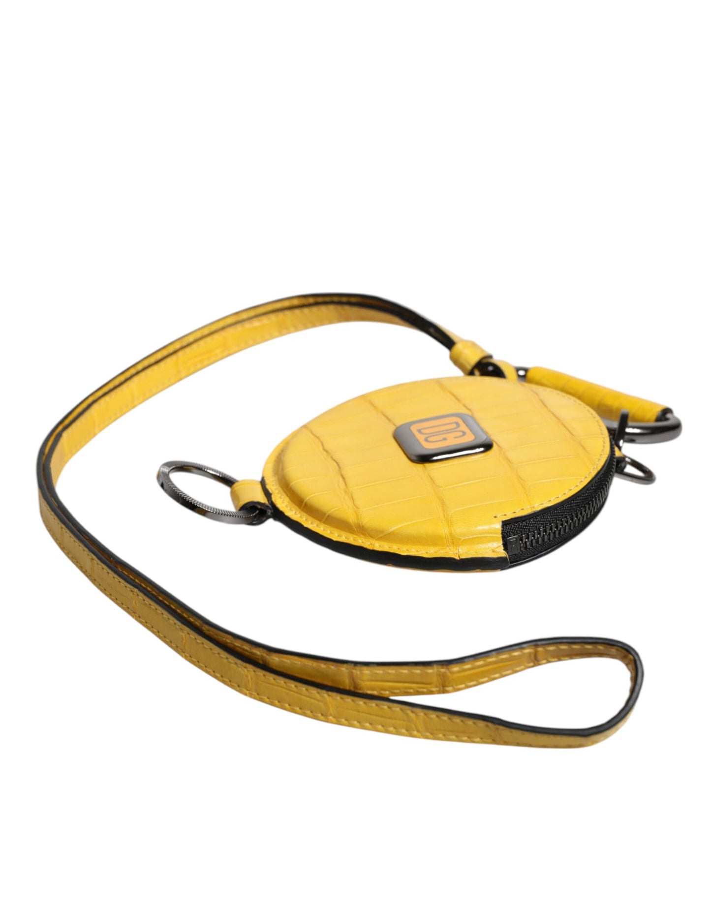 Monedero redondo de cuero amarillo con logotipo de DG y cordón