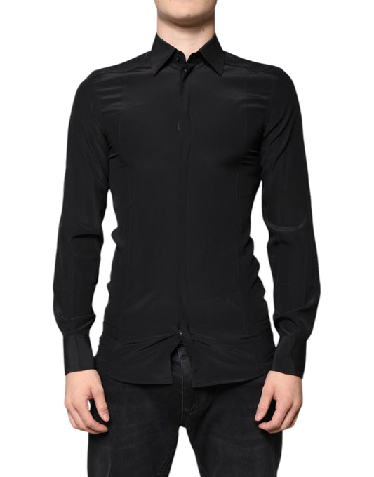 Camisa de vestir de seda negra de manga larga dorada