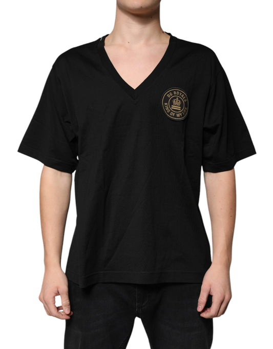 Camiseta de algodón negra de manga corta con cuello en V y logotipo
