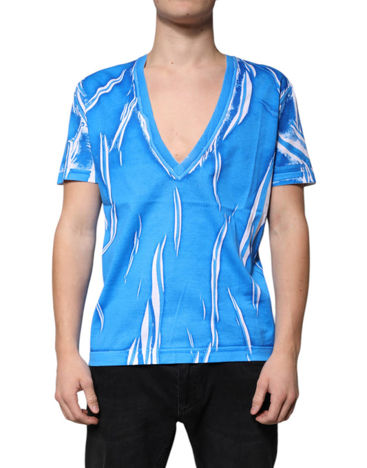 Camiseta de algodón azul con cuello en V y manga corta
