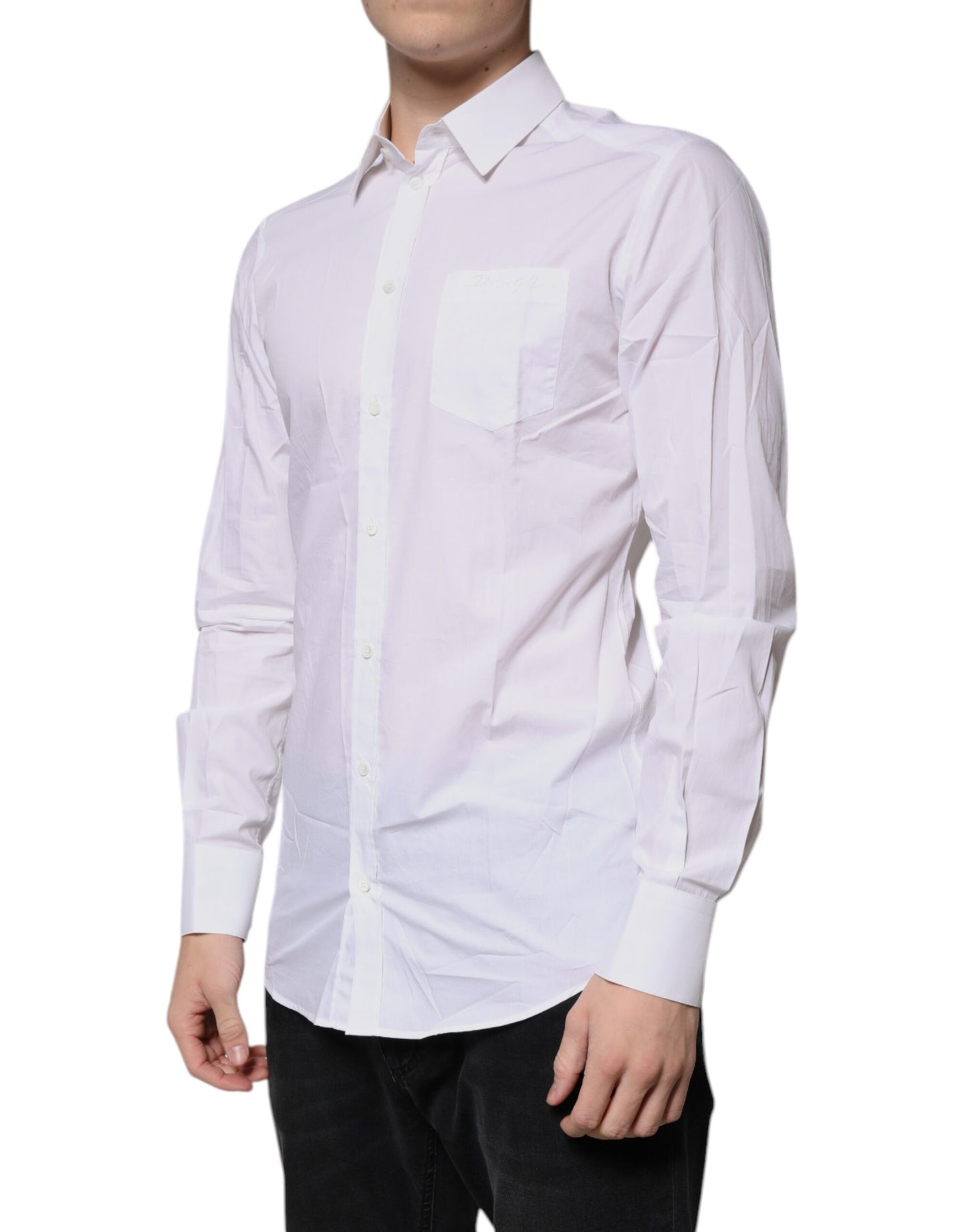 Camisa de vestir de algodón blanco de manga larga dorada