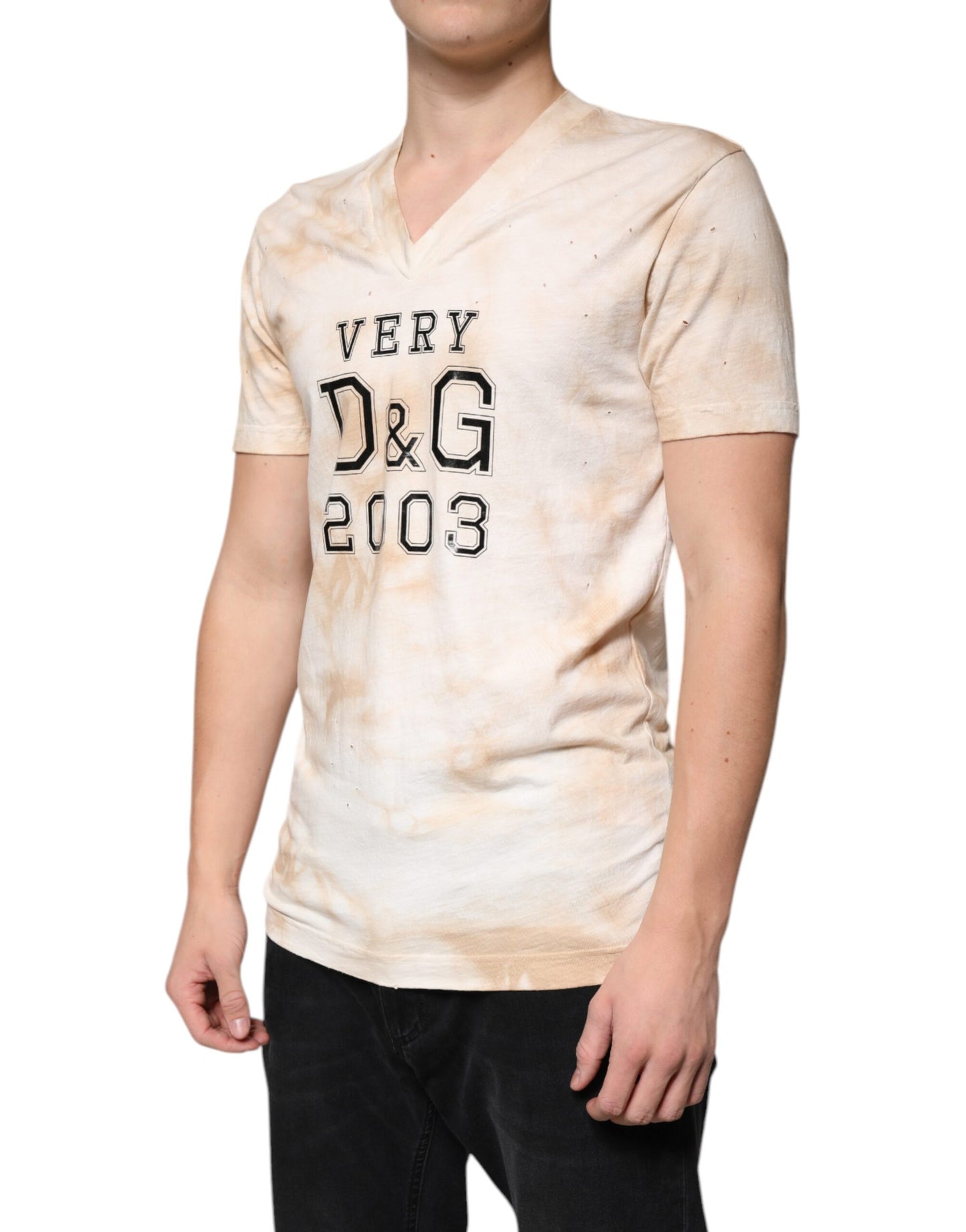 Camiseta de algodón con cuello en V y estampado gráfico beige