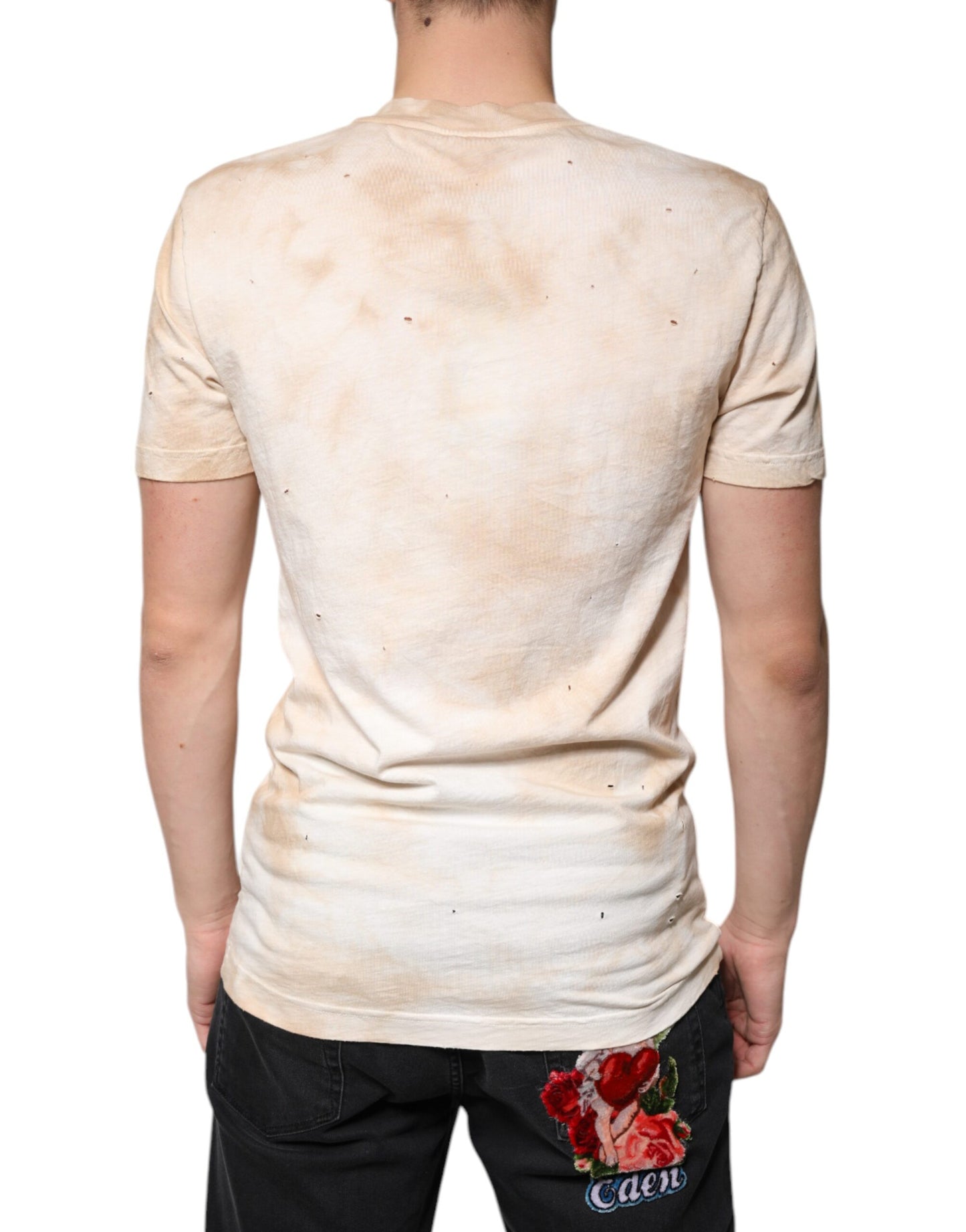 Camiseta de algodón con cuello en V y estampado gráfico beige