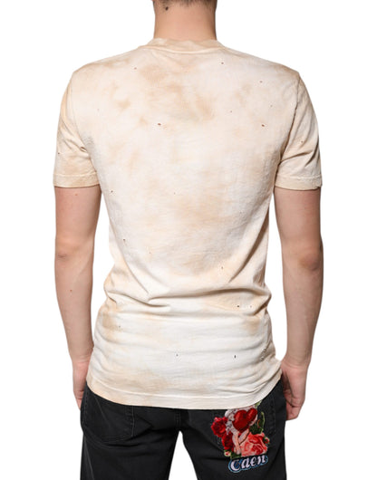 Camiseta de algodón con cuello en V y estampado gráfico beige