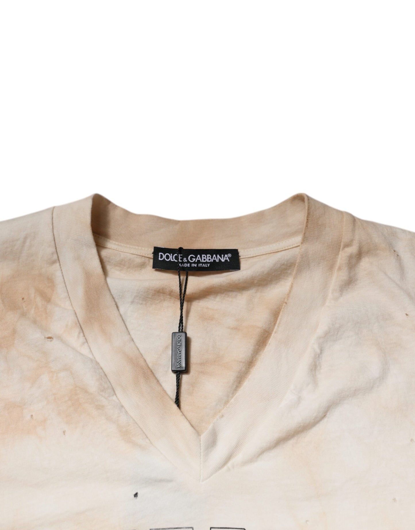 Camiseta de algodón con cuello en V y estampado gráfico beige