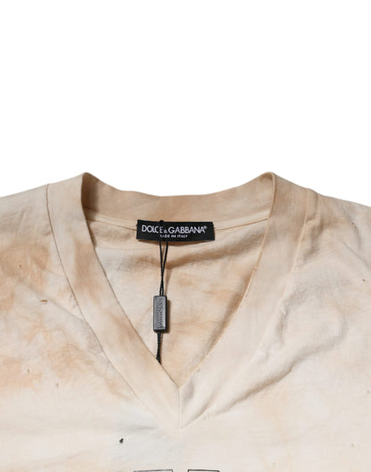 Camiseta de algodón con cuello en V y estampado gráfico beige