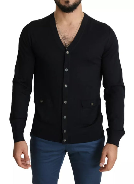 Suéter tipo cárdigan de lana negra con botones para hombre