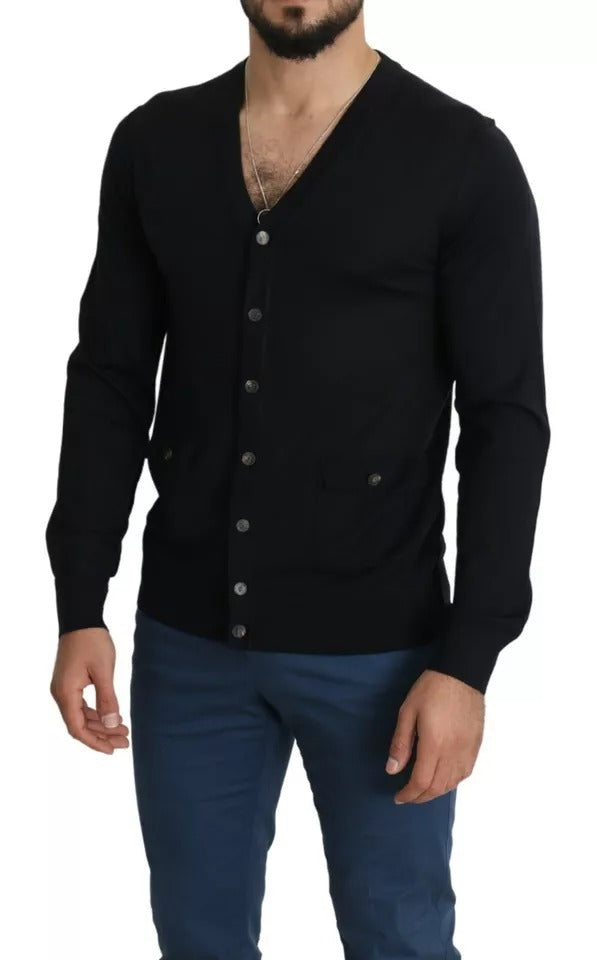 Suéter tipo cárdigan de lana negra con botones para hombre