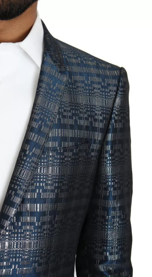 Traje azul plateado brillante de 2 piezas ajustado dorado