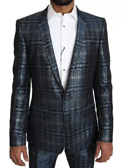Traje azul plateado brillante de 2 piezas ajustado dorado