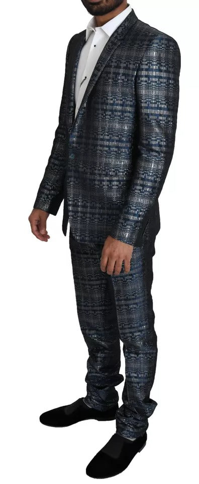 Traje azul plateado brillante de 2 piezas ajustado dorado