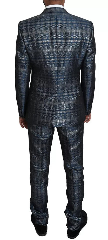 Traje azul plateado brillante de 2 piezas ajustado dorado