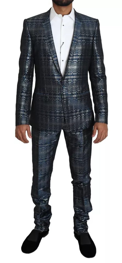 Traje azul plateado brillante de 2 piezas ajustado dorado